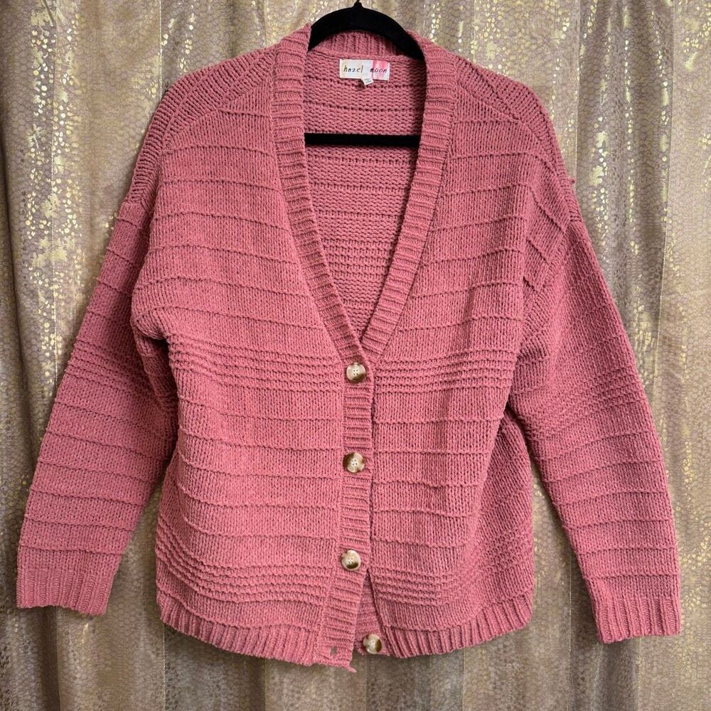 Hazel Moon Mauve Pink Chunky Knit Button Up Cardigan Sweater Medium